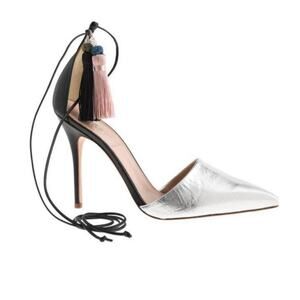 J. CREW Roxie Ankle Tie Tassel Pumps in Silver, Black, and Pink Women's Size 8
